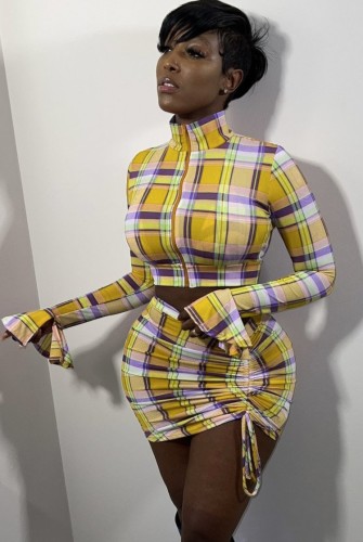 Winter Cheap Wholesale Yellow Plaid Zipper Cropped Top and Ruched Mini Skirt Two Piece Sets