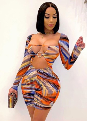 Fall Sexy Printed Keyhole Hollow Out Ruched Bodycon Club Dress