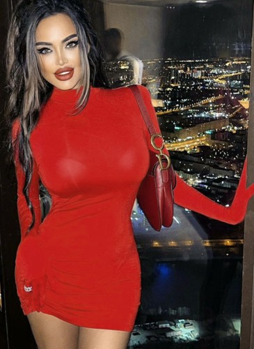 Winter Sexy Red High Neck Long Sleeve Bodycon Dress