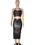 Spring cheap Wholesale Black PU Leather Backless Cropped Tank and High Waist Irregular Skirt Two Piece Sets