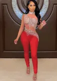 Spring Sexy Red Mesh Patch Beaded Sleeveless Party Jumpsuit