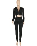 Winter Wholesale Black Button Up Drawstring Blouse and High Waist Ruched Pants 2 Piece Outfits