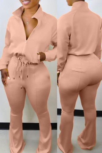 Winter Wholesale Women's Pink Zipper Drawstring Blouse and Match Pants Casual Two Piece Sets