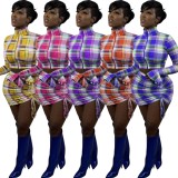 Winter Cheap Wholesale Purple Plaid Zipper Cropped Top and Ruched Mini Skirt Two Piece Sets