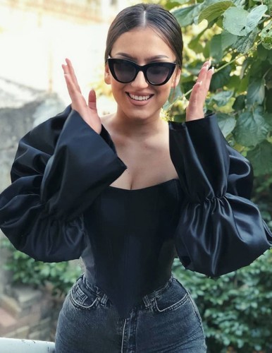 Winter Sexy Black Puff Sleeve Sweetheart Neck Corset Top