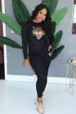 Winter Wholesale womens Tiger Printed Black Long Sleeve Top and Match Pants 2 piece sets