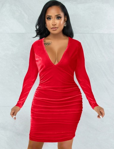 Winter Sexy Red Velvet V-neck Ruched Long Sleeve Bodycon Dress