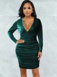 Winter Sexy Green Velvet V-neck Ruched Long Sleeve Bodycon Dress