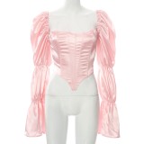 Winter Sexy Pink Puff Sleeve Sweetheart Neck Corset Top