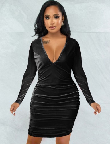 Winter Sexy Black Velvet V-neck Ruched Long Sleeve Bodycon Dress
