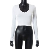 Winter Sexy White U-neck Long Sleeve Crop Knitted Top