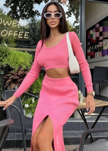 Winter Wholesale Pink Knitted Long Sleeve Crop Top and Split Skirt 2 Piece Sets