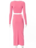 Winter Wholesale Pink Knitted Long Sleeve Crop Top and Split Skirt 2 Piece Sets