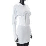 Winter White Long Sleeve Hoody Tight Casual Dress