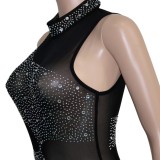 Spring Sexy Black Mesh Patch Beaded Sleeveless Party Jumpsuit