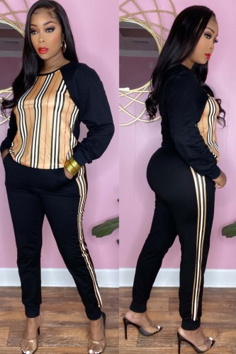 Winter Wholesale womens Stripes Patch Black Long Sleeve Top and Match Pants 2 piece sets