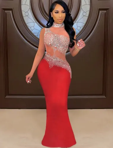 Winter Sexy Red Beaded Mesh Patch Sleeveless Evening Dress