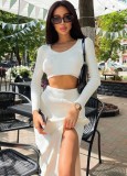 Winter Wholesale White Knitted Long Sleeve Crop Top and Split Skirt 2 Piece Sets