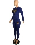 Winter Wholesale womens Tiger Printed Blue Long Sleeve Top and Match Pants 2 piece sets