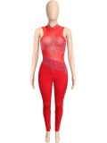 Spring Sexy Red Mesh Patch Beaded Sleeveless Party Jumpsuit