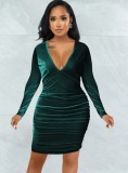 Winter Sexy Green Velvet V-neck Ruched Long Sleeve Bodycon Dress