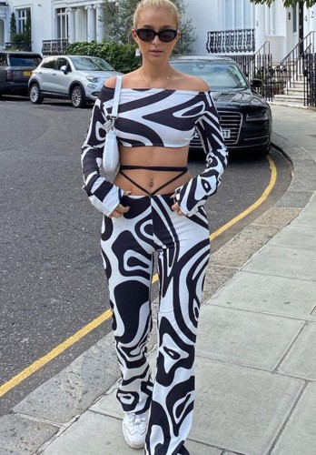 Fall Sexy White and Black Printed Off Shoulder Crop Top and Match Pants Wholesale Two Piece Clothing