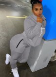 Winter Sportswear Vendors Gray Zipper High Neck Pocket Pullover and Pants Two Piece Sweatsuits Set