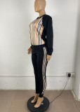 Winter Wholesale womens Stripes Patch Black Long Sleeve Top and Match Pants 2 piece sets