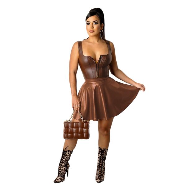 Fall Sexy Brown PU leather Mini Full Skirt