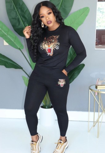 Winter Wholesale womens Tiger Printed Black Long Sleeve Top and Match Pants 2 piece sets