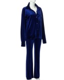 Winter Wholesale Casual Blue Velvet Long Sleeve Loose Blouse and Pants Two Piece Sets