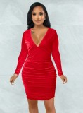 Winter Sexy Red Velvet V-neck Ruched Long Sleeve Bodycon Dress