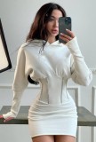 Winter White Long Sleeve Hoody Tight Casual Dress