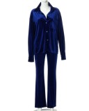 Winter Wholesale Casual Blue Velvet Long Sleeve Loose Blouse and Pants Two Piece Sets