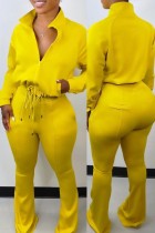 Blusa amarilla con cordón con cremallera para mujer al por mayor de invierno y pantalones a juego Conjuntos casuales de dos piezas