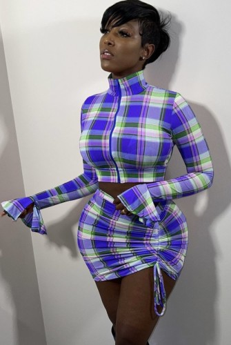 Winter Cheap Wholesale Purple Plaid Zipper Cropped Top and Ruched Mini Skirt Two Piece Sets