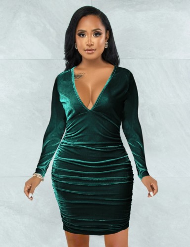 Winter Sexy Green Velvet V-neck Ruched Long Sleeve Bodycon Dress