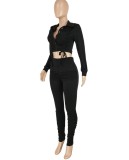 Winter Wholesale Black Button Up Drawstring Blouse and High Waist Ruched Pants 2 Piece Outfits