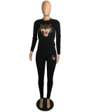 Winter Wholesale womens Tiger Printed Black Long Sleeve Top and Match Pants 2 piece sets
