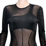Winter Sexy Black Mesh Patch See Trough Long Sleeve Party Jumpsuit