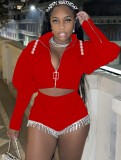 Winter Wholesale Red Zipper Cropped Long Sleeve Top and Tassel Two Piece Short Set