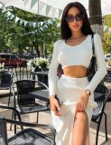 Winter Wholesale White Knitted Long Sleeve Crop Top and Split Skirt 2 Piece Sets