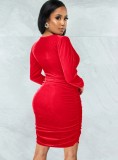 Winter Sexy Red Velvet V-neck Ruched Long Sleeve Bodycon Dress