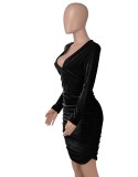 Winter Sexy Black Velvet V-neck Ruched Long Sleeve Bodycon Dress