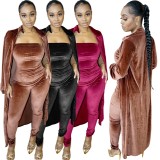 Winter Wholesale Black Velvet Strapless Jumpsuit and Long Coat Two Piece Clothing