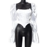 Winter Sexy White Puff Sleeve Sweetheart Neck Corset Top