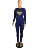 Winter Wholesale womens Tiger Printed Blue Long Sleeve Top and Match Pants 2 piece sets