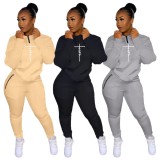 Winter Sportswear Vendors Black Zipper High Neck Pocket Pullover and Pants Two Piece Sweatsuits Set