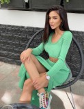 Winter Wholesale Green Knitted Long Sleeve Crop Top and Split Skirt 2 Piece Sets