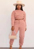 Winter Wholesale Two Piece Clothing Pink Round Neck Long Sleeve Crop Top And Pant Set